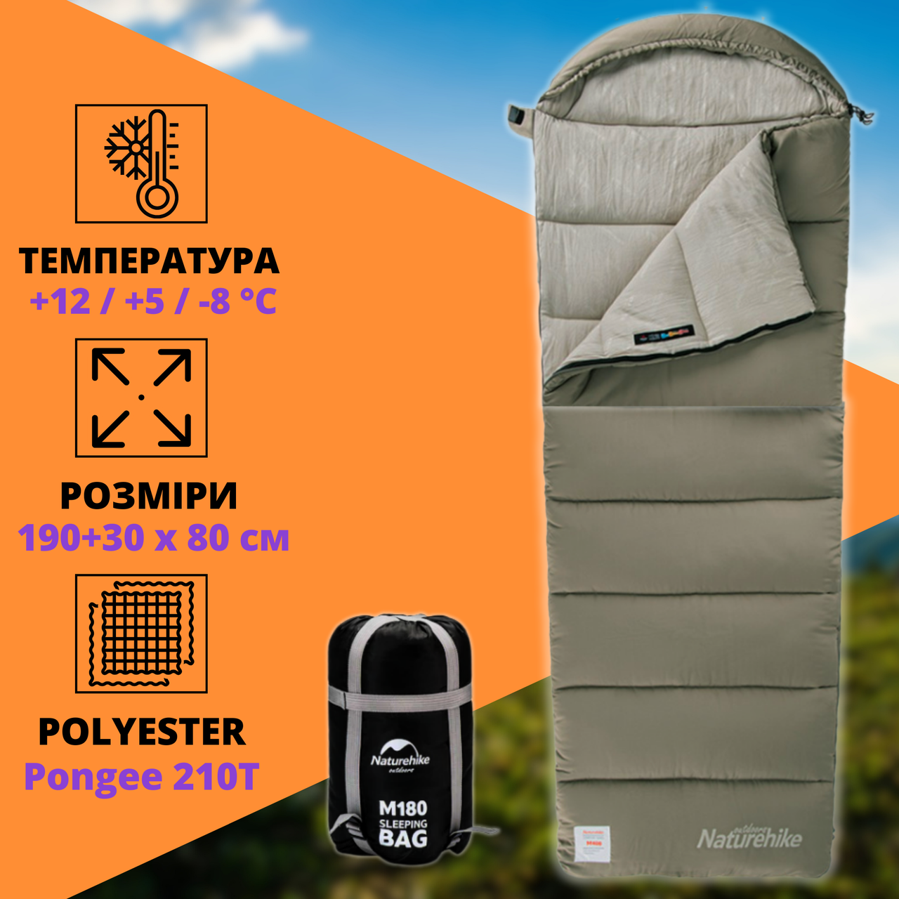 Спальний Мішок Пуховий +12 / +5 / -8 °C Туристичний Спальник-Ковдра з Капюшоном Naturehike M180 Правий Зелений