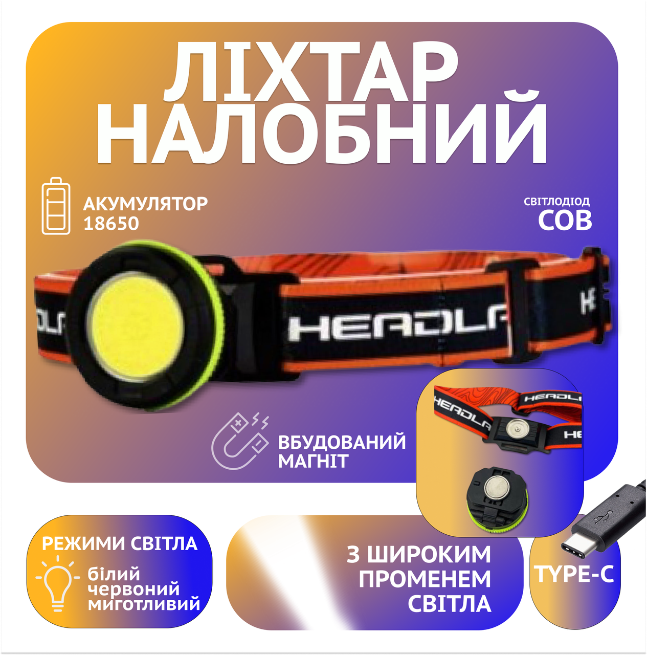 Налобний ліхтар PL-139, COB, Червоний, Білий, Li-on 18650, ЗУ Type-C, фото 1