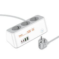 YUF Сетевое зарядное устройство удлинитель Hoco AC23 2 USB/ 2 Type-C PD 65W 3 розетки 2m white