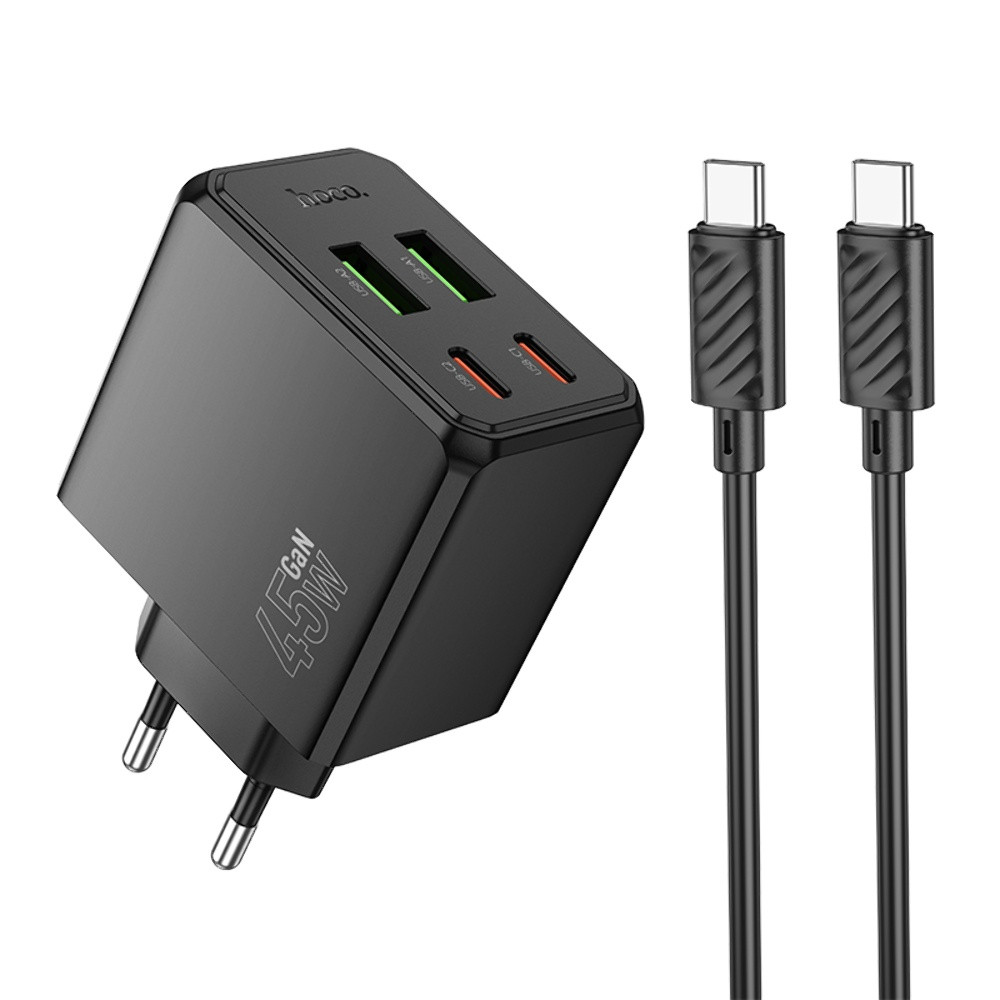 Мережевий зарядний пристрій Hoco CS18A 2 USB/2 Type-C PD 45 W black + кабель Type-C to Type-C
