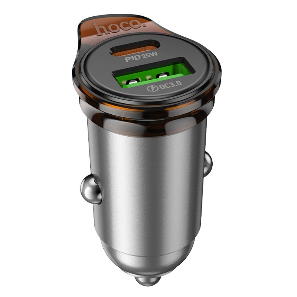 Автомобільний зарядний пристрій Hoco NZ16A USB/Type-C 43 W PD QC 25 W metal grey