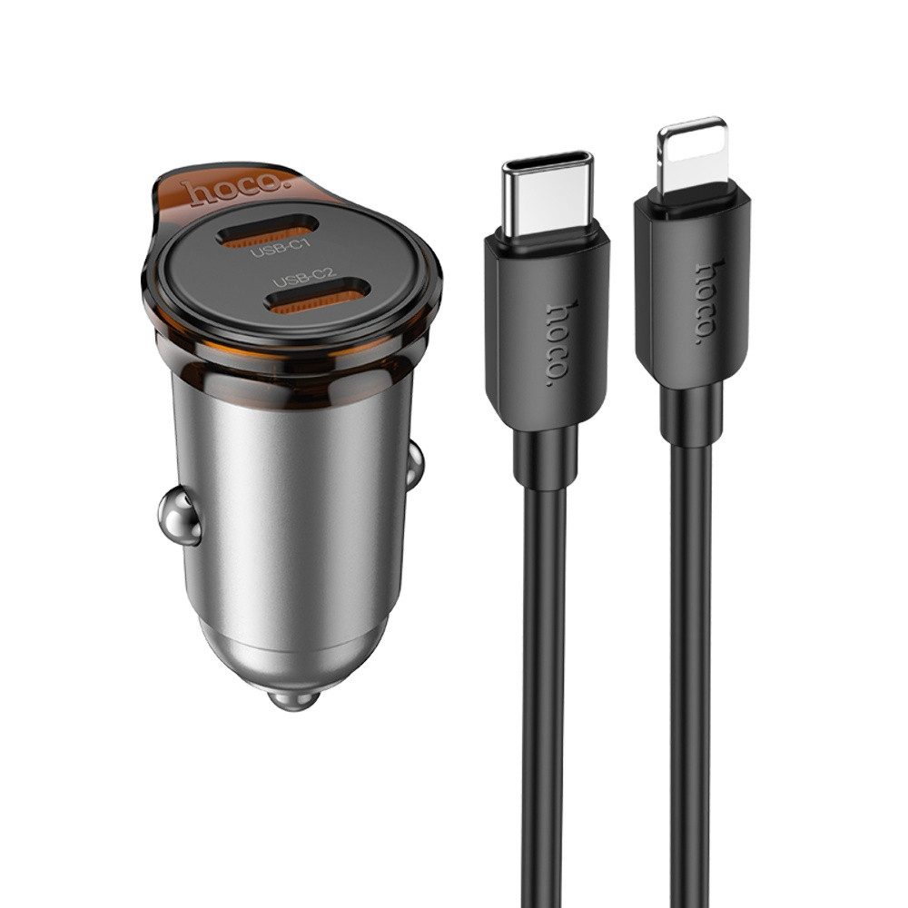 Автомобільний зарядний пристрій Hoco NZ16B 2 Type-C PD 45 W metal grey + кабель Type-C to Lightning