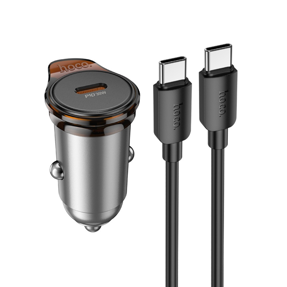Автомобільний зарядний пристрій Hoco NZ16 Type-C PD 30 W metal grey + кабель Type-C to Type-C