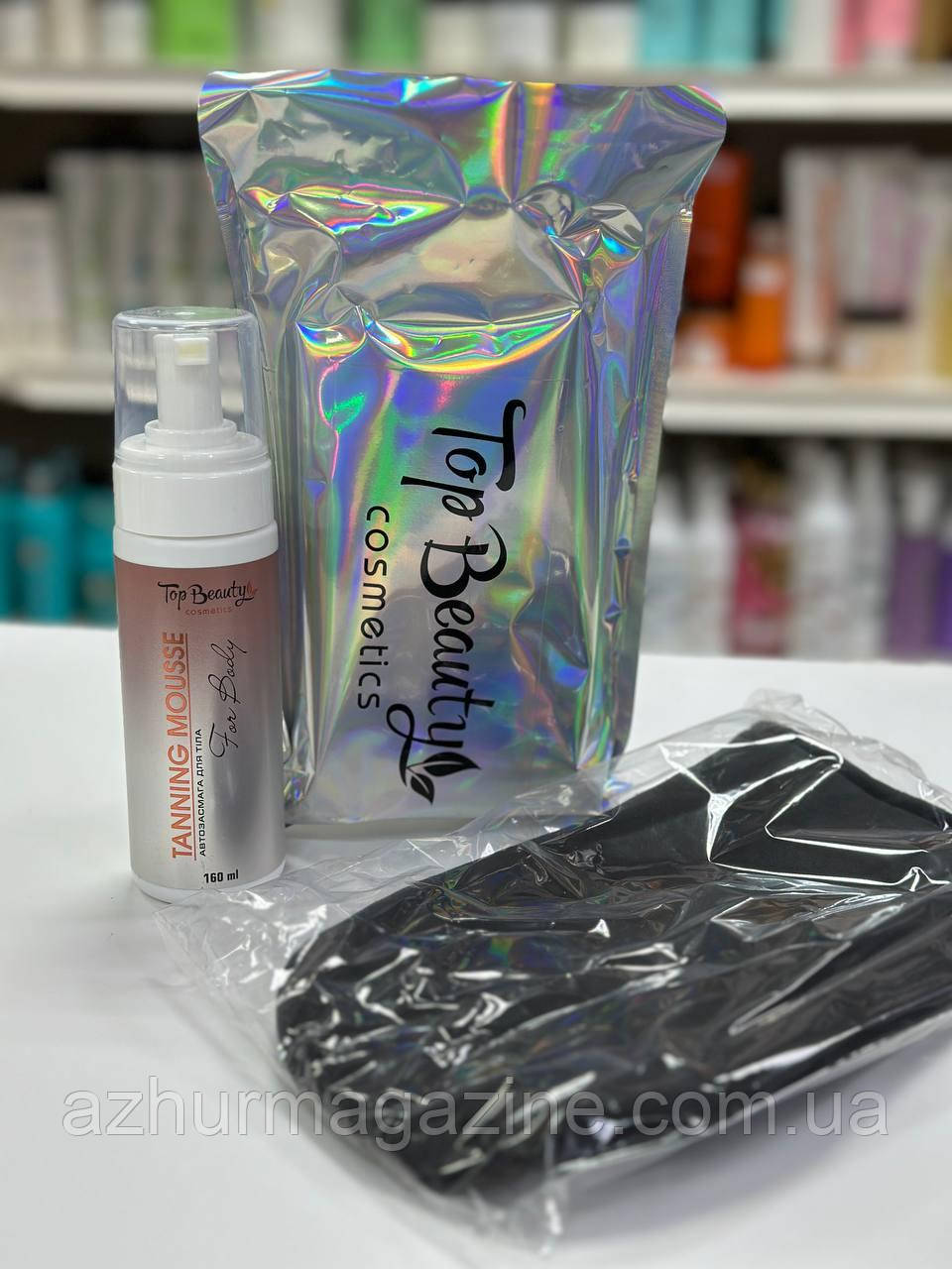 Мус автозасмага для тіла з рукавичкою в голографічному пакеті Top Beauty Tanning Mousse160 мл