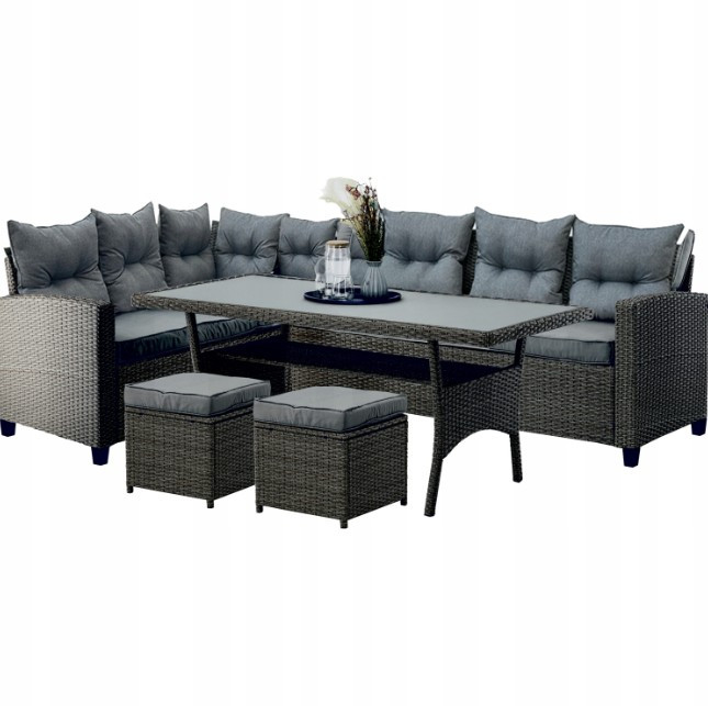 Комплект, набір садових меблів Garden Line ABI3453 MARINNE кутовий диван, стіл та два пуфи у сірому кольорі, фото 1