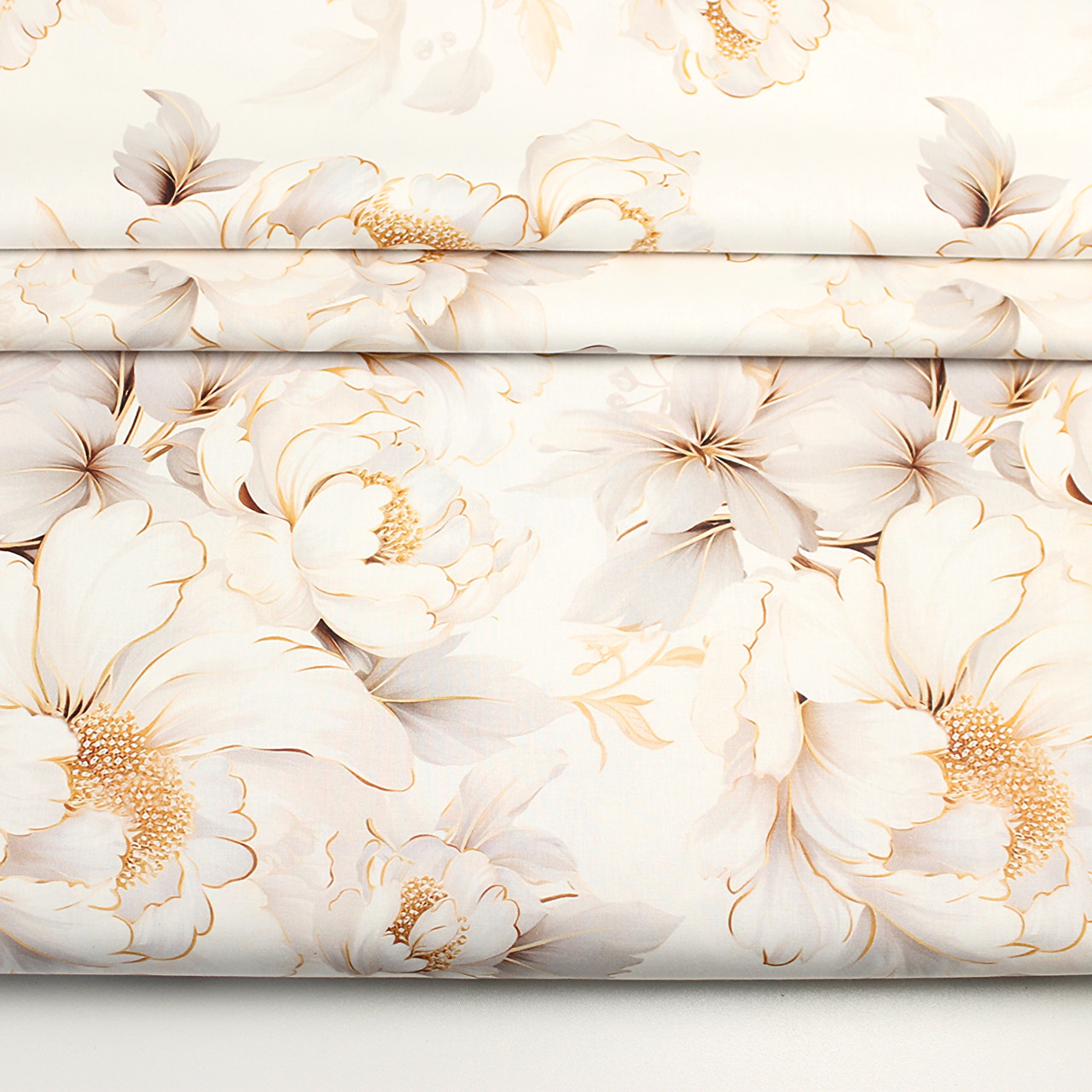 Ранфорс digital шириною 240 см "Біло-золоті квіти" теплобілий фон № N-3456, фото 1