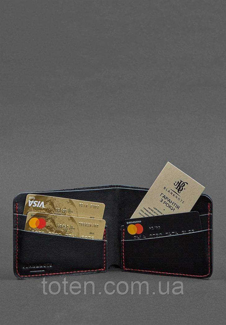 Шкіряне портмоне 4.1 (4 кишені) чорне з червоною ниткою топ, фото 1