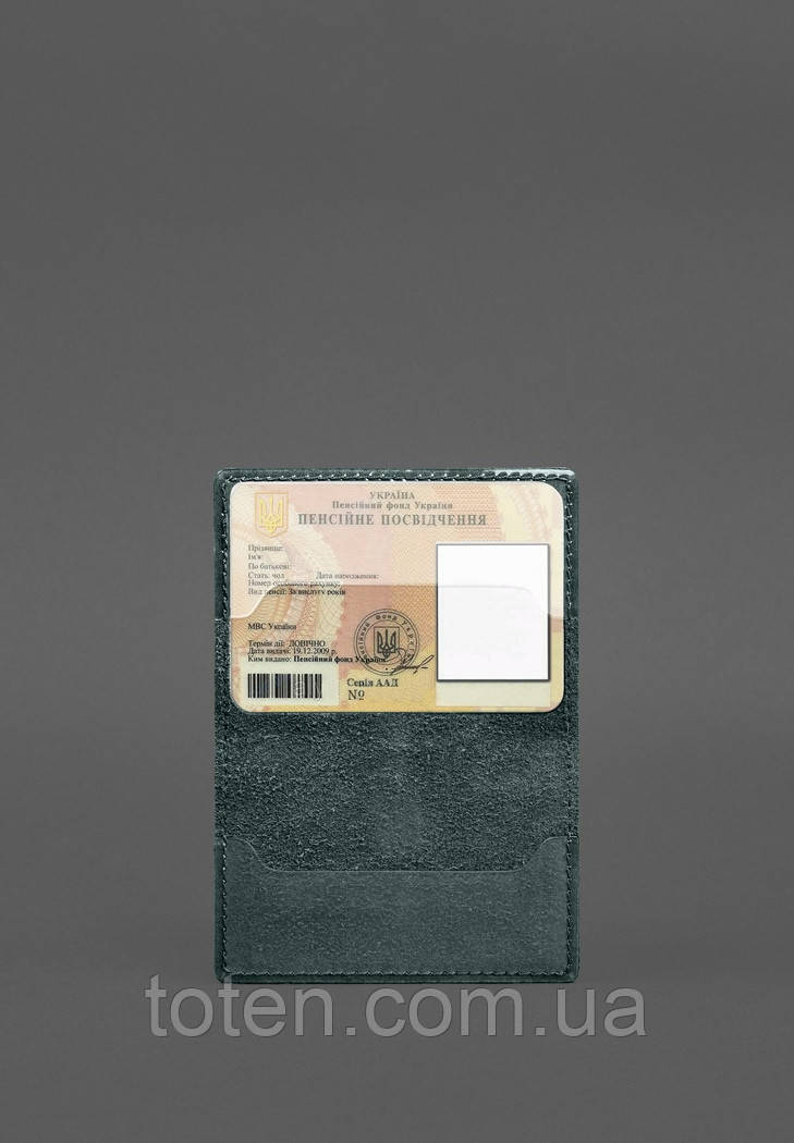 Шкіряна обкладинка для пенсійного посвідчення зелена топ, фото 1