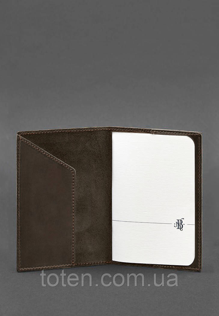 Шкіряна обкладинка для паспорта з українським гербом темно-коричнева топ, фото 1
