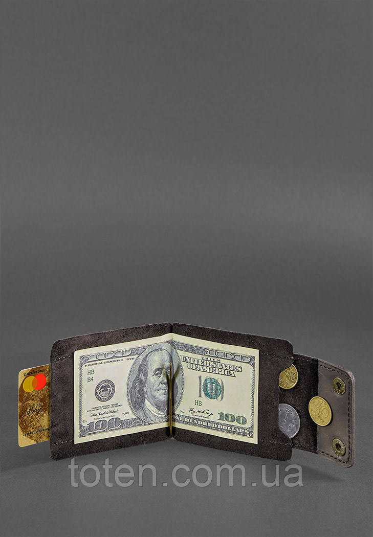 Чоловіче шкіряне портмоне темно-коричневе 10.0 затиск для грошей Crazy Horse топ, фото 1