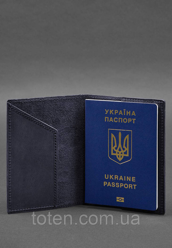 Шкіряна обкладинка для паспорта з мапою України синій Crazy Horse топ, фото 1