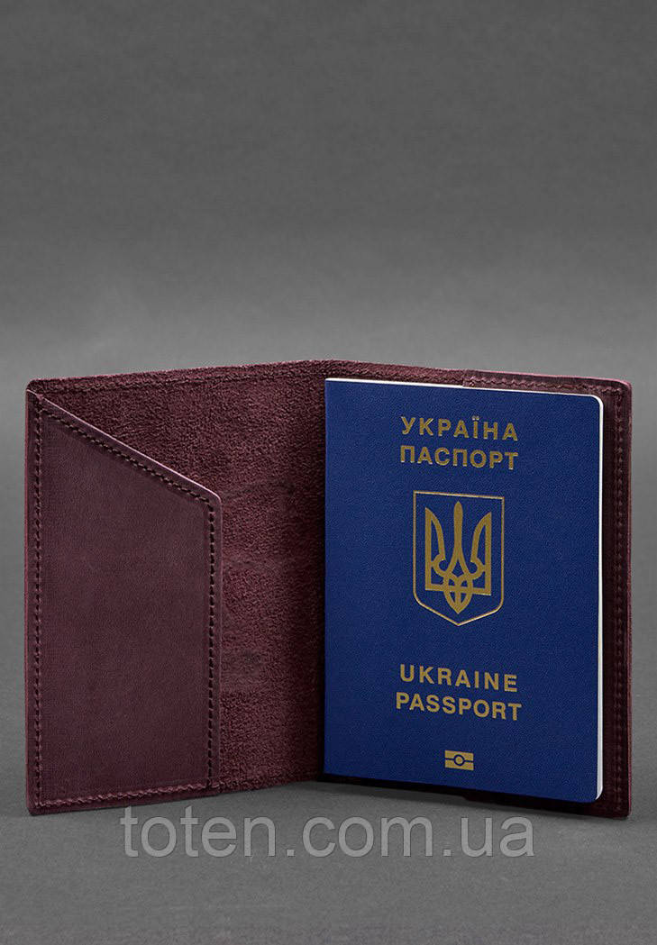Шкіряна обкладинка для паспорта з мапою України бордовий Crazy Horse топ, фото 1