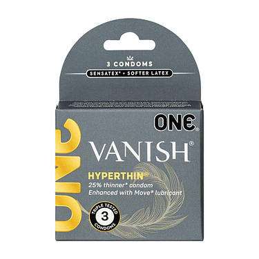 Презервативи ONE Vanish Hyperthin, 3 шт, ультратонкі, з мастилом, картонна упаковка, фото 1