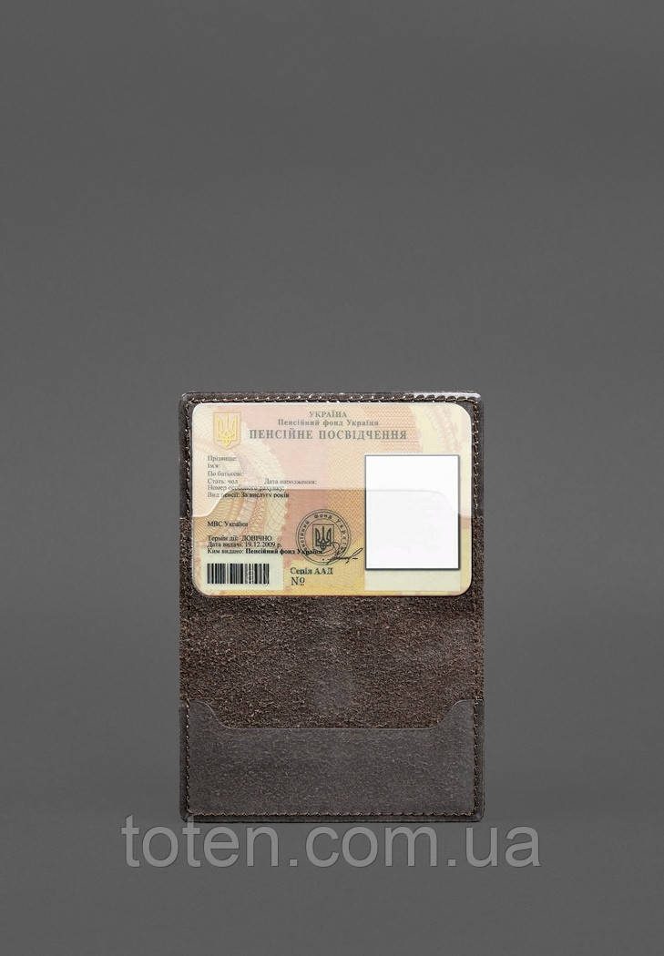 Шкіряна обкладинка для пенсійного посвідчення темно-коричнева топ, фото 1