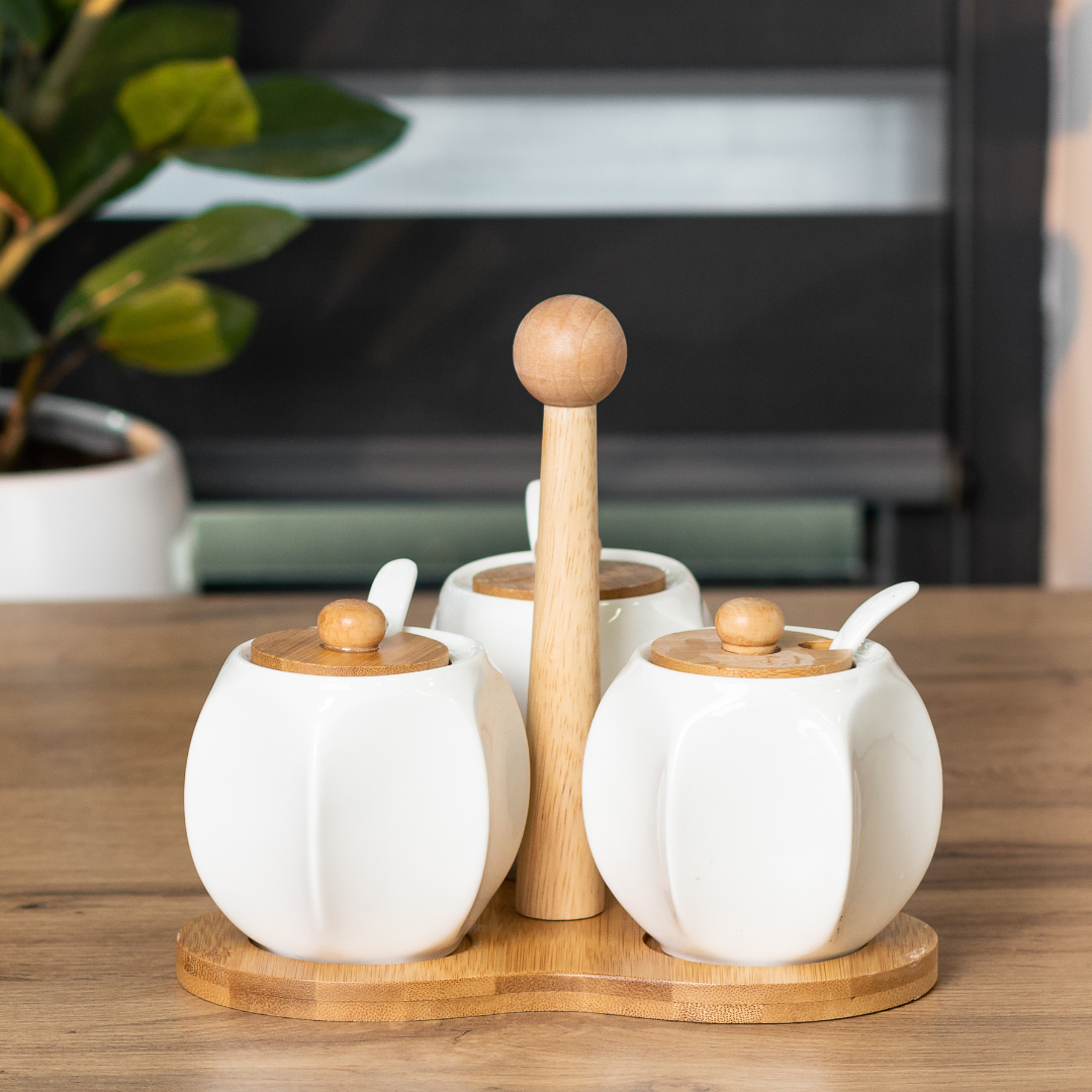 Набір банок для сипучих продуктів 3 шт по 200 мл, на бамбуковій підставці, фото 1