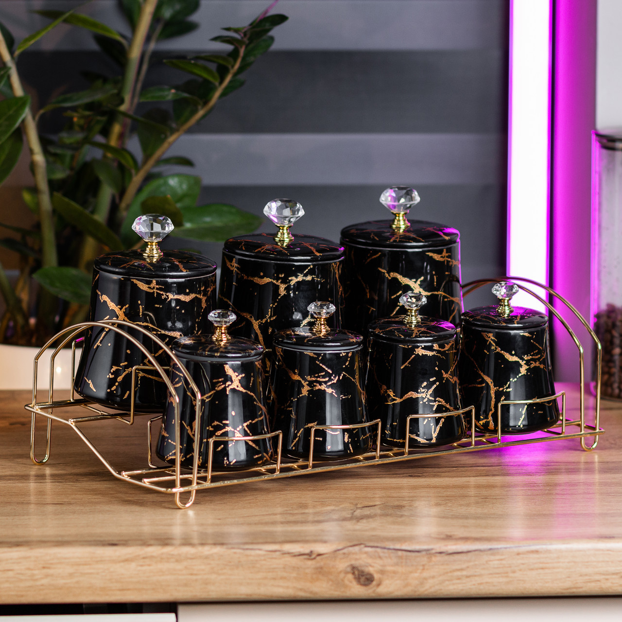 Набір для спецій 4 шт по 250 мл і 3 шт по 550 мл на металевій підставці чорний, фото 1