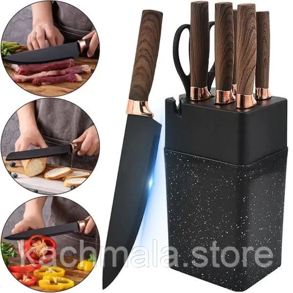 Набір кухонних ножів на підставці Knife Set 7 предметів із нержавіючої сталі. Ножі кухонні