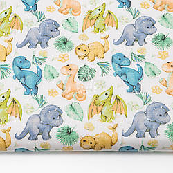 Бязь "Бірюзові та салатові динозаврики, пальмове листя і квіти", №5518