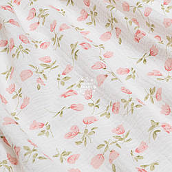 Двошаровий жатий муслін "Рожево-персикові дзвіночки на фоні айворі", ширина 135 см