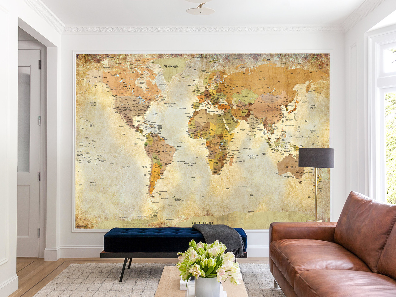 Самоклеюча плівка Oracal з малюнком "Мапа світу в коричневому кольорі" для офісу, вітальні та декор у спальню, фото 1