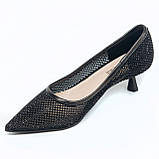Жіночі шкіряні туфлі човники на підборах чорного кольору сіточка з блискітками DY2277-01B-M869-1 розмір 36, фото 9