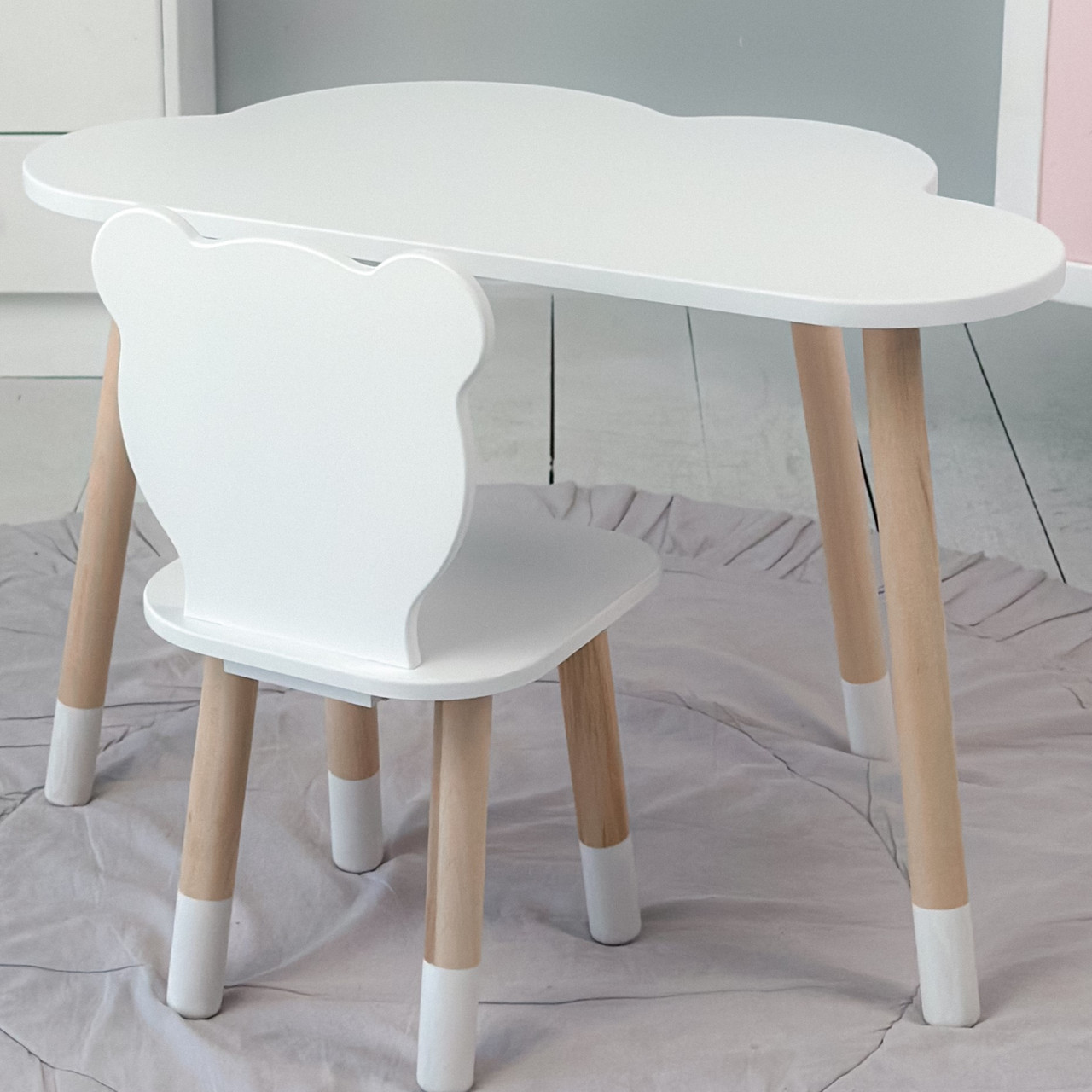 Столик хмаринка 46х70х40 і стільчик медведик 26.5х26х25, стіл та стілець в дитячу, білий, фото 1