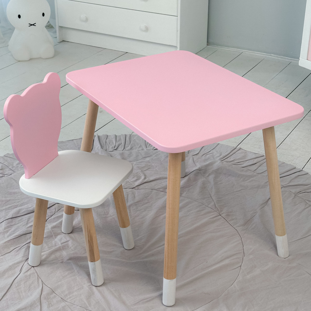 Стіл прямий 46х60х45 і стілець мордочка медведика 26.5х26х25, столик та стільчик для дівчинки, рожевий з білим, фото 1