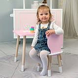 Стіл прямий 46х60х45 і стілець мордочка медведика 26.5х26х25, столик та стільчик для дівчинки, рожевий з білим, фото 2