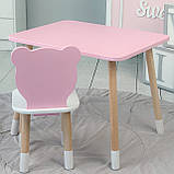 Стіл прямий 46х60х45 і стілець мордочка медведика 26.5х26х25, столик та стільчик для дівчинки, рожевий з білим, фото 7