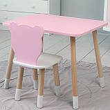 Стіл прямий 46х60х45 і стілець мордочка медведика 26.5х26х25, столик та стільчик для дівчинки, рожевий з білим, фото 9