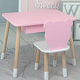 Стіл прямокутний з шухлядою 46х60х45 і стілець медвежа 26.5х26х25, столик та стільчик для дитячої кімнати, рожевий з білим, фото 3