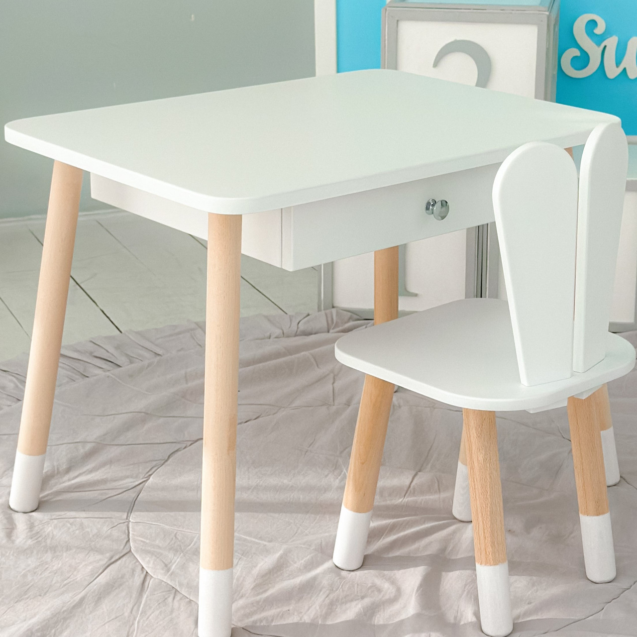 Стіл прямокутний з ящиком 46х60х45 і стілець вушка кролика 26.5х26х25, столик та стільчик в дитячу, білий, фото 1