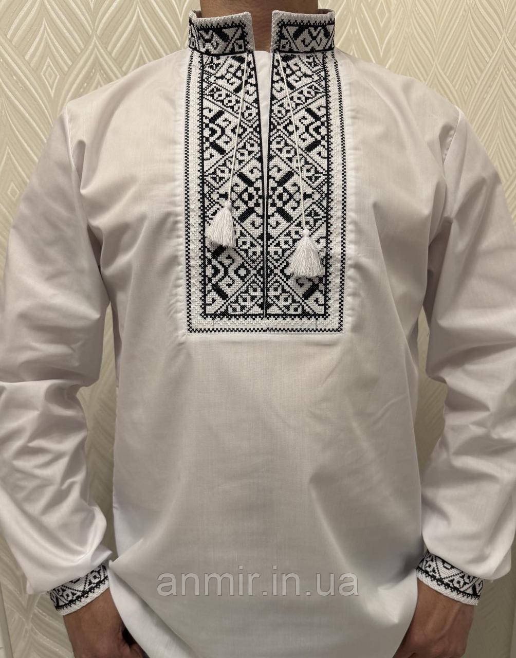 Вишиванка підлітковий комір-стійка на зав'язках поплін для хлопчика 13-16 років, білого кольору