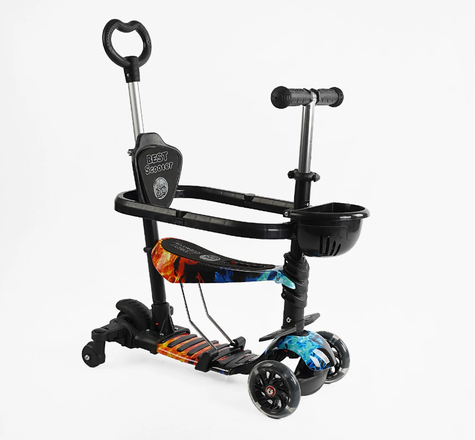 Самокат 5 в 1 Best Scooter помаранчевий із захисним бампером та батьківською ручкою колеса PU з підсвічуванням