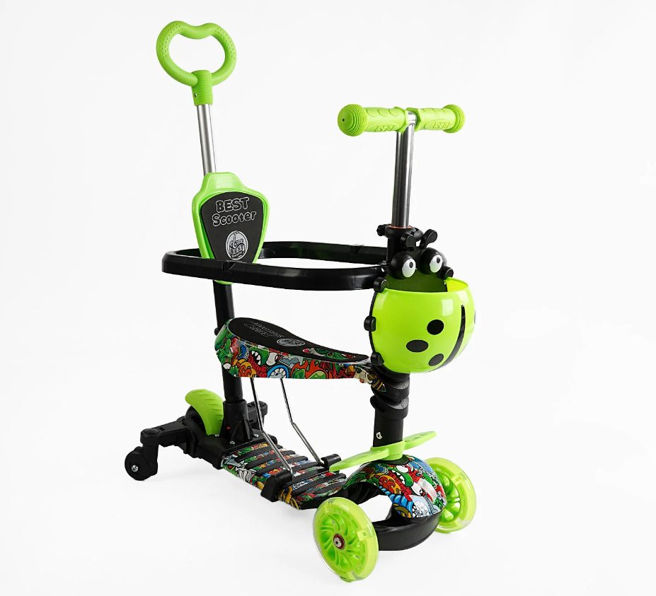 Самокат 5 в 1 Best Scooter салатовий із захисним бампером та батьківською ручкою колеса PU з підсвічуванням