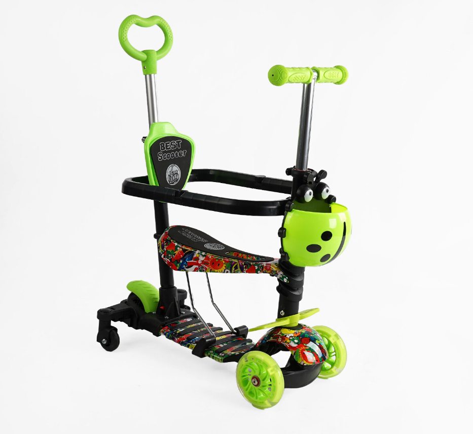 Самокат 5 в 1 Best Scooter салатовий із захисним бампером та батьківською ручкою колеса PU з підсвічуванням