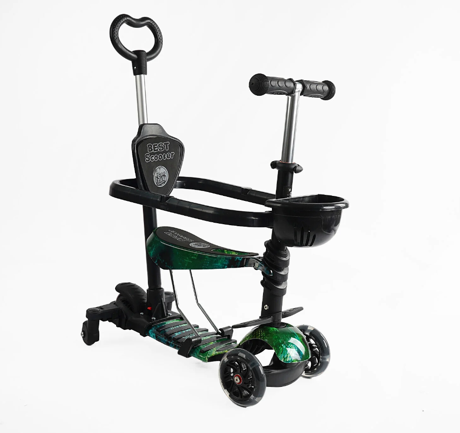 Самокат 5 в 1 Best Scooter чорний із захисним бампером та батьківською ручкою колеса PU з підсвічуванням, фото 1