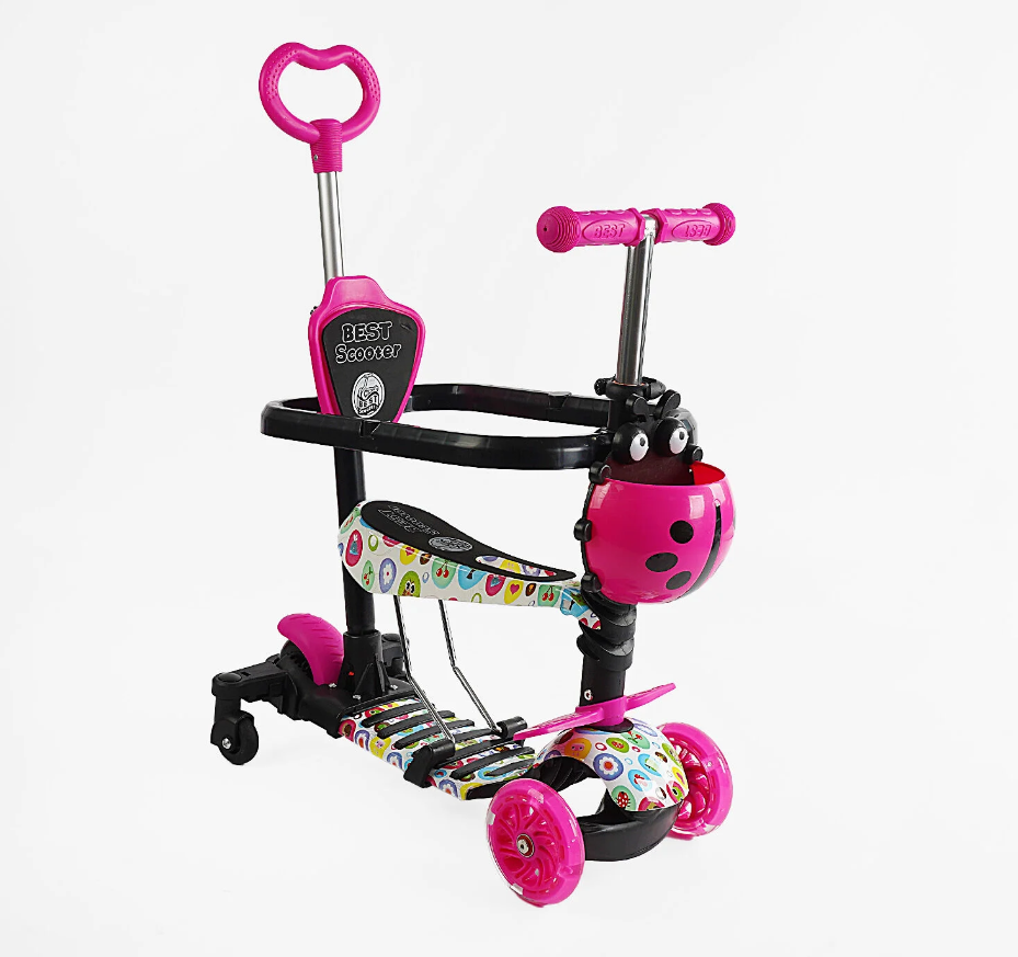 Самокат 5 в 1 Best Scooter рожевий із захисним бампером та батьківською ручкою колеса PU з підсвічуванням