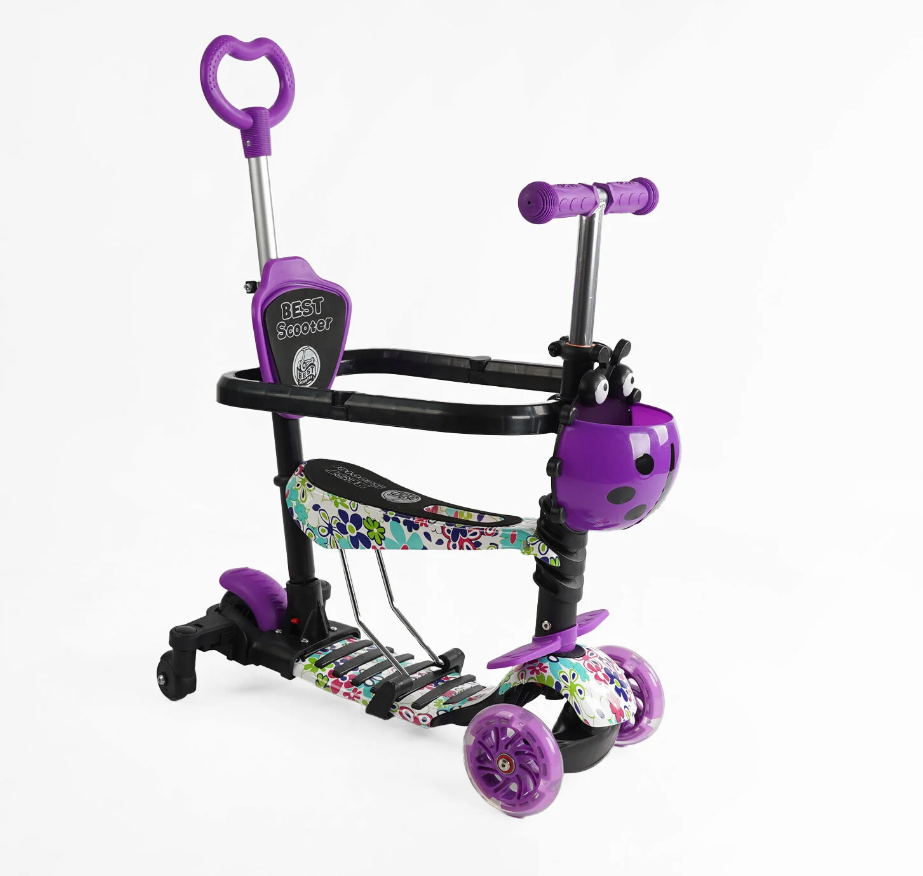 Самокат 5 в 1 Best Scooter фіолетовий із захисним бампером та батьківською ручкою колеса PU з підсвічуванням