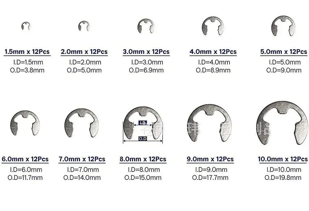 Комплекти стопорних кілець із відкритим кінцем, 120 шт., 10 різновидів по 12 шт., 1.5-10 мм, фото 1