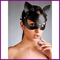 Кожаная маска кошки черная с заклепками для садо-мазо игр регулируемая резинка эко-кожа 20х15 см