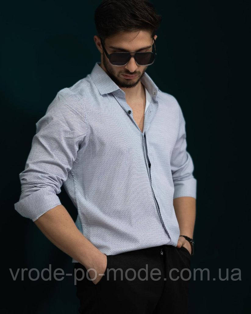 Бавовняна чоловіча біла сорочка з принтом, приталена з довгим рукавом та класичним коміром, Туреччина, асортиментт