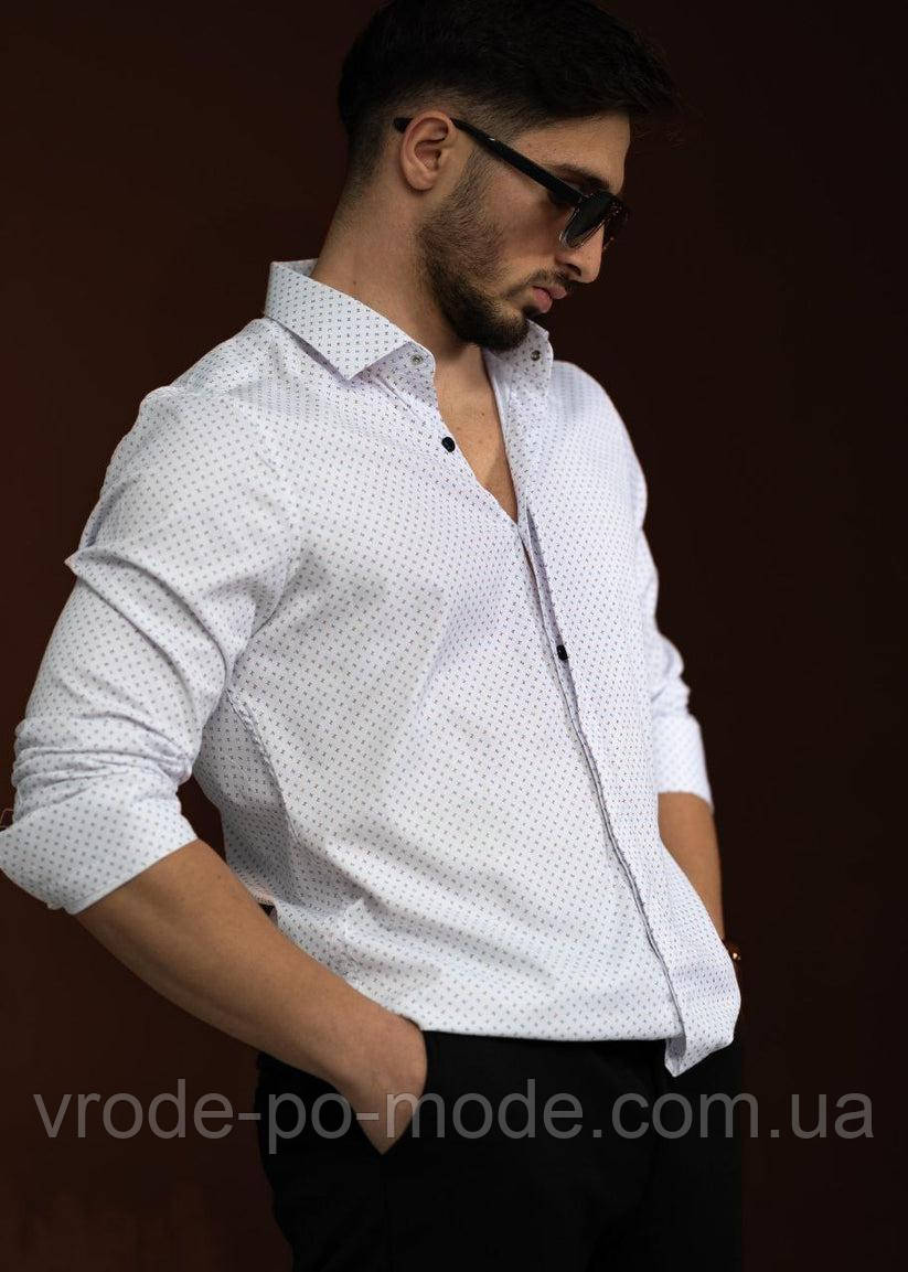 Бавовняна чоловіча біла сорочка з принтом, приталена з довгим рукавом та класичним коміром, Туреччина, асортиментт