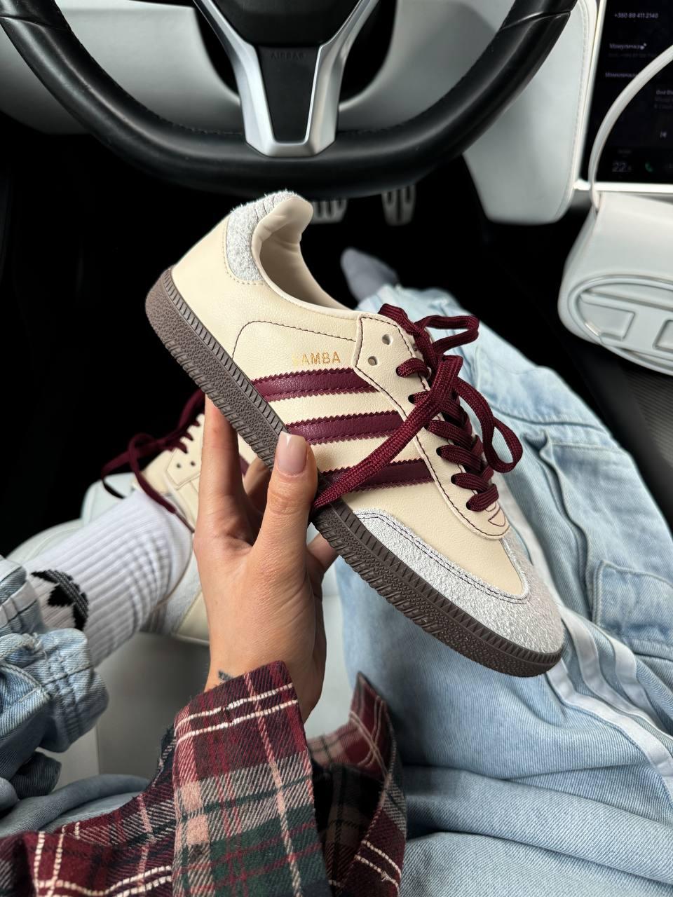 Жіночі спортивні кросівки Adidas Samba OG Wonder White Maroon (білі з бордовим) повсякденні 1432 Адідас vkross