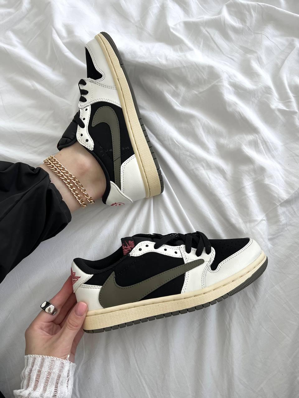 Жіночі кросівки Nike Jordan low x Travis Scott Olive (чорно-білі) повсякденні 4561885 Найк vkross