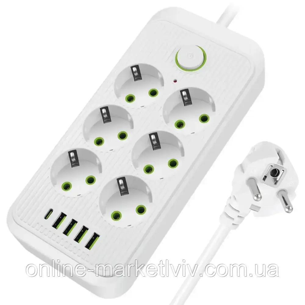 Мережевий фільтр на 5м, 2500Вт (6×220В+4×USB+1×Type-C), Білий / Подовжувач з USB / Переноска електрична