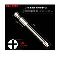 Біта PH2 L=75мм Ø6.0 для шуруповерта та гайковерта посилена 1/4" HEX BROPPE