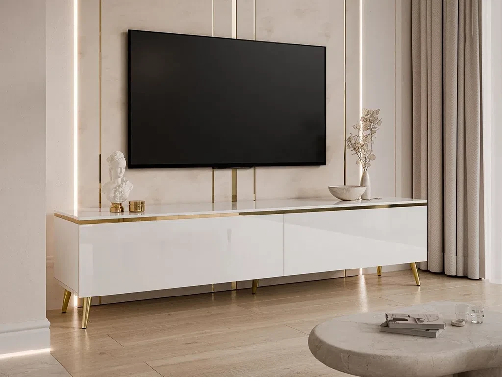 Тумба під телевізор на косих ніжках Aurora Gloss (білий глянець/золотий), фото 1