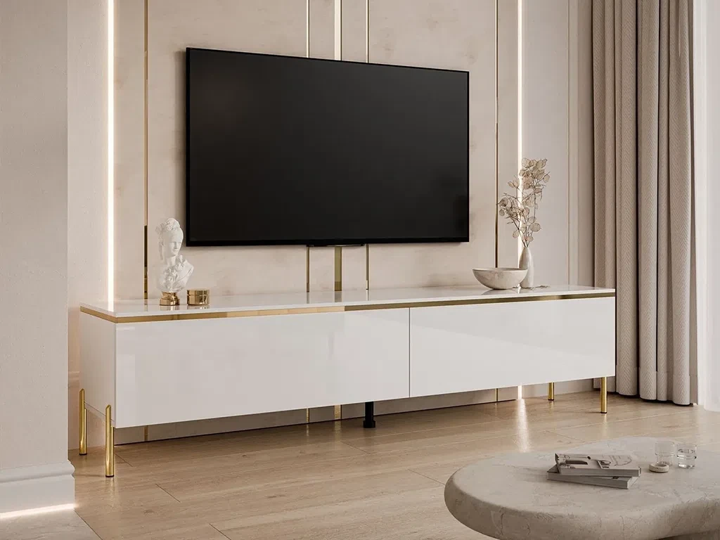 Тумба під телевізор на прямих ніжках Aurora Gloss (білий глянець/золотий), фото 1