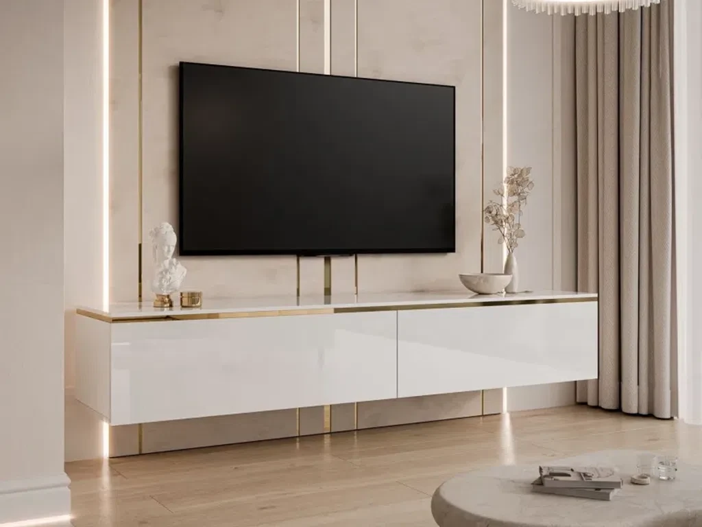 Тумба під телевізор навісна Aurora Gloss (білий глянець/золотий), фото 1